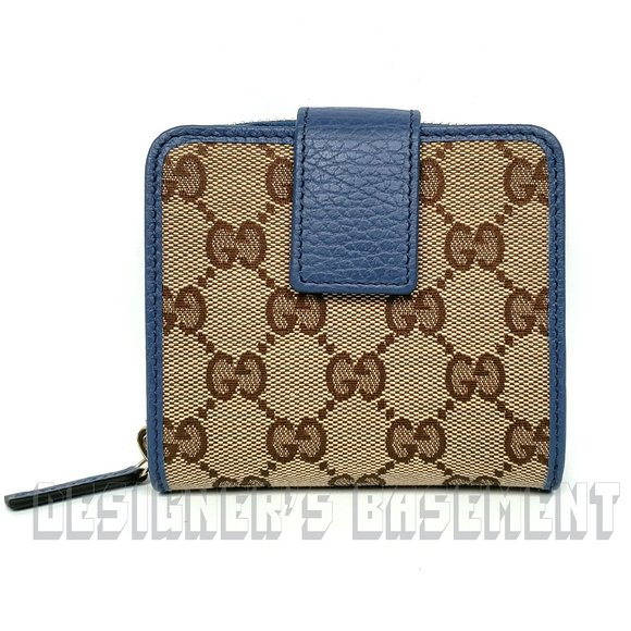 Gucci Handbags - GUCCI Zip Snap Original GG blue trim French Wallet